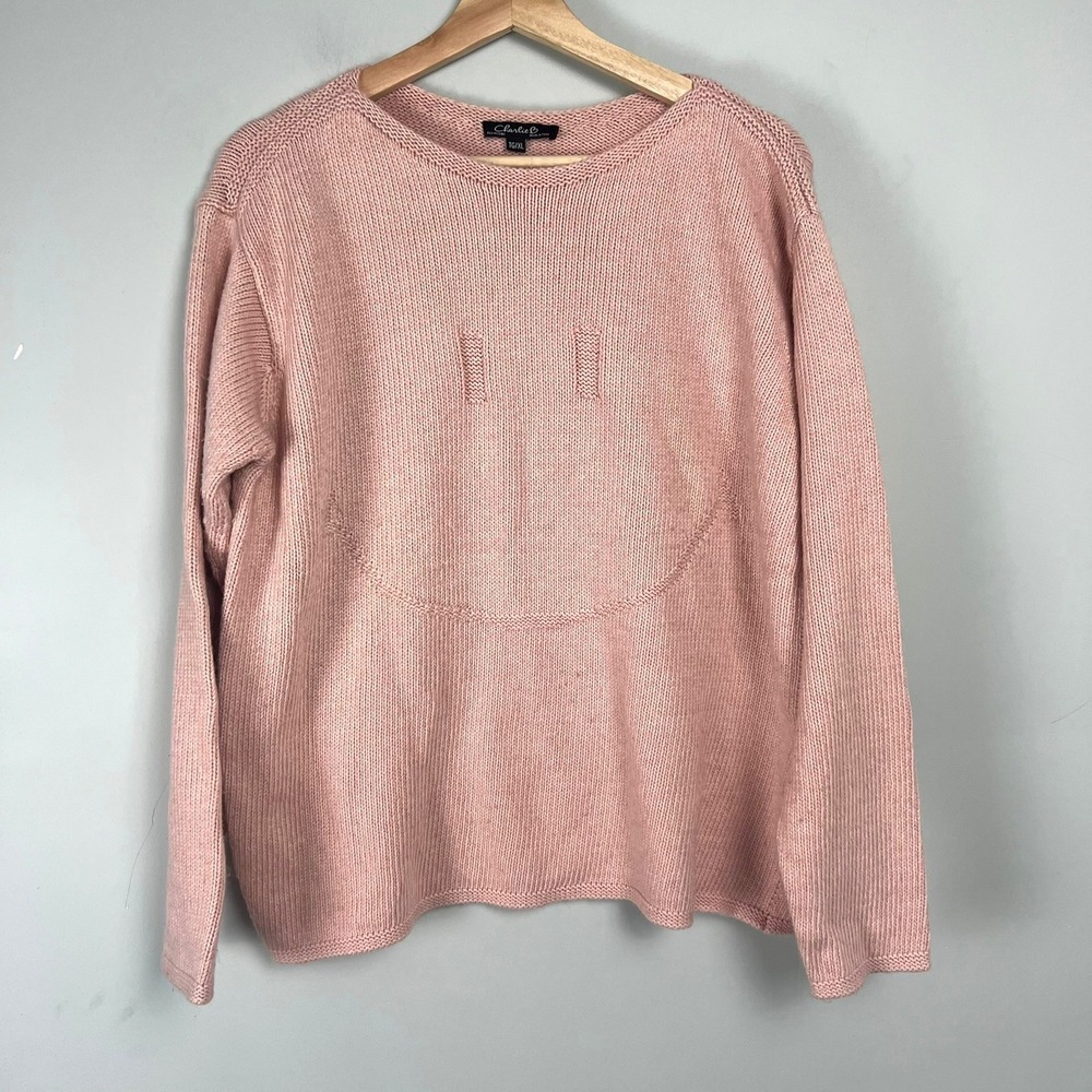 Charlie B Womens Pink Smiley Face Knit Sweater XL Boxy Soft Girl Pastel Coquette